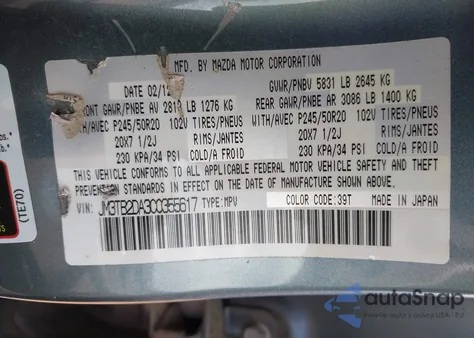 2012 Mazda Cx-9 Grand Touring z USA, uszkodzony, nr VIN JM3TB2DA3C0355617